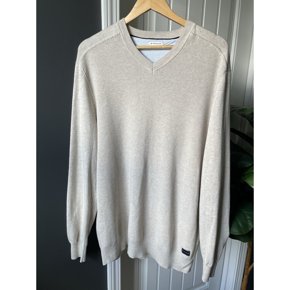 Tom Tailor V-Neck Sweater Men's 2XL Heathered Beige 100% Cotton Preppy